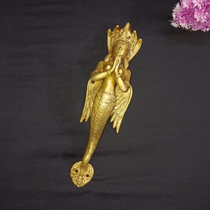 Brass 13 " Inch Greeting Mermaid Handle | Brass Welcoming Angle Wearing Crown Door Pull