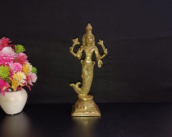 Brass Mermaid Goddess Narayana Sculpture - Dashavatara Deity (9.2 Inch)