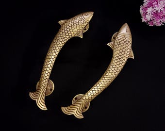 Brass Fish Door Handle Set: Marine Decor, Interior Hardware (11.5" Inches)