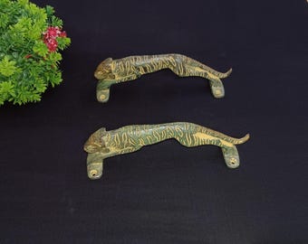Brass Jungle Tiger Door Handle | Cabinet Door Pull, Set of 2