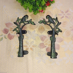 8.0&quot; Inches Parrot Sitting on Tree Interior Door Pull Set | Brass Macaw Bird with Tree Twigs Shape Door Handle Pair