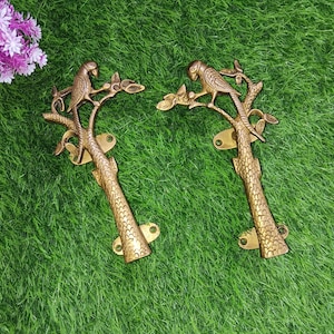 Parrot with Tree 8.0&quot; Inches Long Door Handle | Brass Macaw Nature Bird Entrance Door Grab Puller Decor