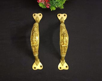Brass Arch Cabinet Pulls: Tribal Man Engraving, Set of 2