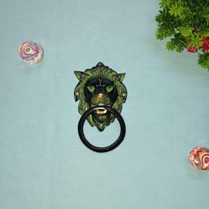 Puede incluir: Un llamador de puerta de cabeza de león negro y verde con un anillo de metal negro. El llamador está montado en una pared azul claro.