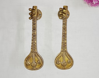 Brass Sitar Door Handle Pair: Musical Instrument Decor (9.5" Inches)