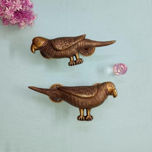 Puede incluir: Dos tiradores de puerta de latón en forma de loro con detalles intrincados. Los tiradores son de estilo vintage y tienen un color dorado cálido.