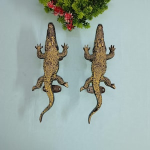 Brass Crocodile Door Handle Set: Alligator Door Pulls