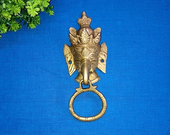 Aldaba de puerta de latón con forma de Ganesha: campana colgante de elefante real