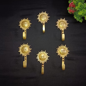 Sunshine Face muurhaak set van 06 stuks | Messing zonnebloem design muurhaken voor handtas tashouder