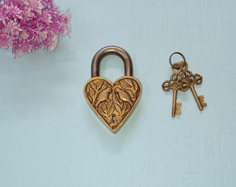 Brass Flower & Bird Engraved Heart Shape Lock | Properly Working Lock with 02 Keys
