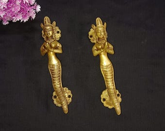 Manijas de puerta de latón con diseño de sirena: Tiradores de armario de 20 cm con diseño de niña de saludo - Juego de 2