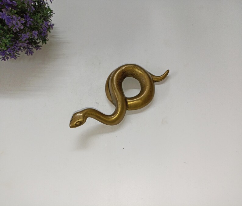 May include: A bronze snake ornament in a coiled pose. The snake has a detailed head and body, with a smooth, polished finish. The ornament is set against a white background, with a hint of purple flowers in the upper left corner.