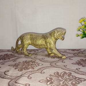 Brass Tiger Model Statue Table Decor | Angry Leopard Cat Idol Drawing Room Desk Showpiece