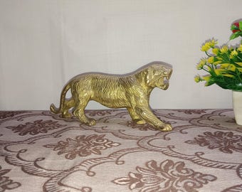 Brass Tiger Model Statue Table Decor | Angry Leopard Cat Idol Drawing Room Desk Showpiece