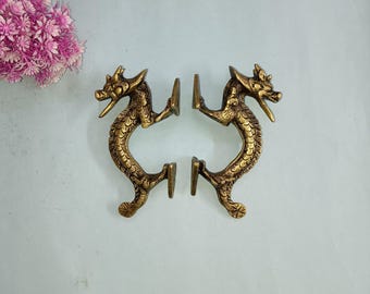Brass Fire Dragon Door Handles - Chinese Drawer Knobs - Set of 02