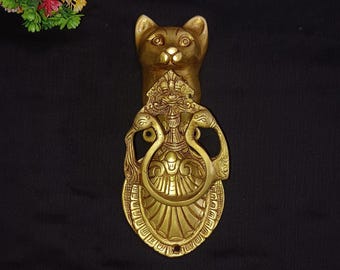 Kitty Cat Design Doorbell Hardware | Brass Cat with Yali Front Door Knocker Decor