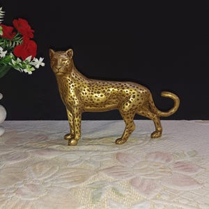 Wild Leopard Sculpture | Brass Big Cat Idol Table Decorative Showpiece