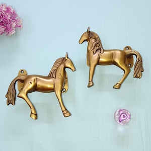 May include: Two brass horse-shaped wall hooks with detailed manes and tails. The hooks are golden-brown and mounted on a light blue surface. A small, round, purple and white decorative object is also present.