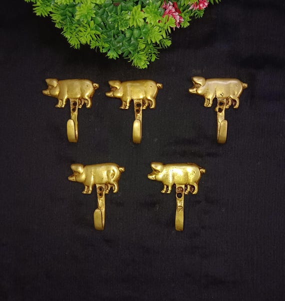 Brass Pig Hook Set: Animal Wall Hanging Decor, Set of