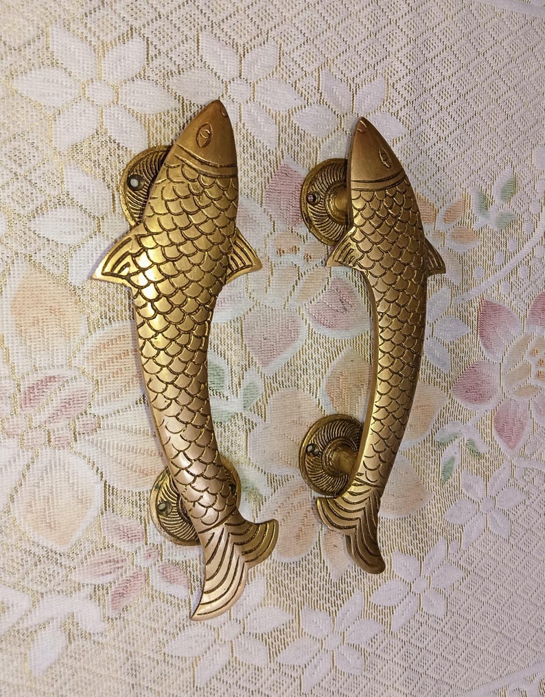 Brass Fish Door Handle Set: Cottage Decor, 9.5