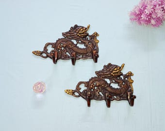 Brass Copper Brown Wall Hanging Dragon Hooks | Set of 02 pieces