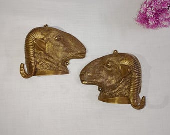 Brass Ram Head Wall Hanging: Rustic Home Decor (Set of 2)