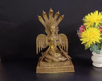 Brass Snake Lady With Mermaid Wings & 5-Headed Snake Crown Holding Conch