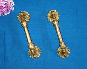 Sunflower Brass Door Handle Pair - Floral Base Design 9.0"