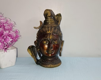 Shiva-huvudstaty i mässing: Mukhlingam med månen och Ganga