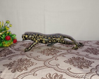 Walking Leopard Sculpture | Brass Jaguar Big Cat Idol | Office Desk Showpiece Decor