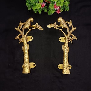 8.0&quot; Inches Parrot with Tree Design Interior Door Handle Pair | Brass Cockatoo Bird Nature Themed Entrance Door Grab Puller Hardware