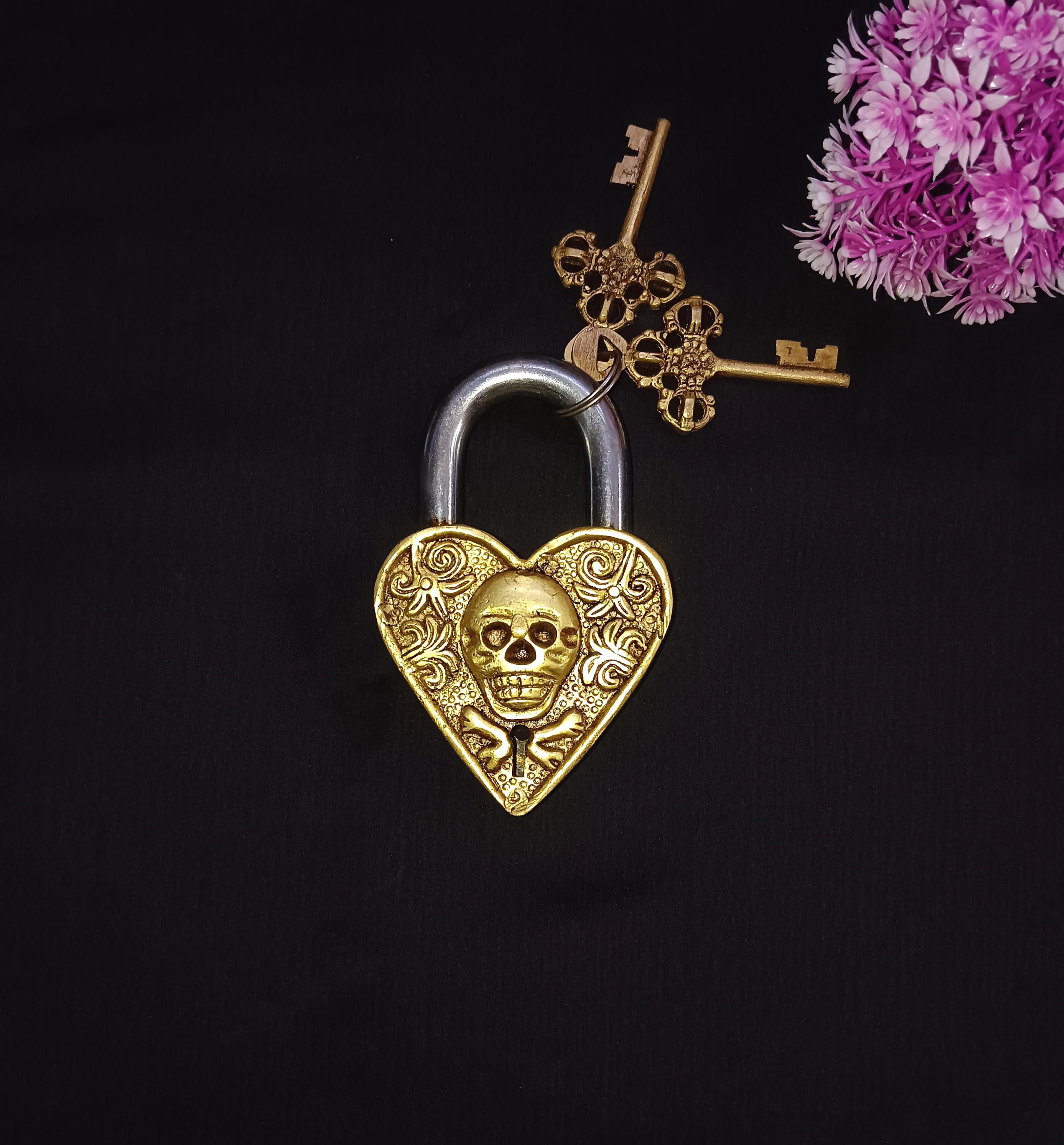 Skull Engraved Heart Shape Padlock | Brass Caution Pirate Themed