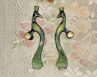 Brass Peafowl Cupboard Handles: Royal Bird Door Pulls, 8.0''