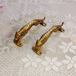 Può includere: Due maniglie per porte in metallo dorato a forma di tigre. Le maniglie sono dettagliate con strisce di tigre e hanno una finitura lucida.