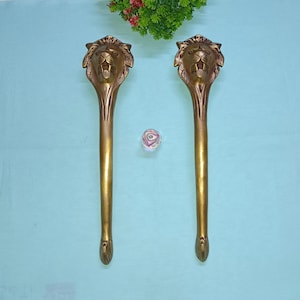 May include: Two gold lion head door handles with a detailed design. The handles are on a light blue background.