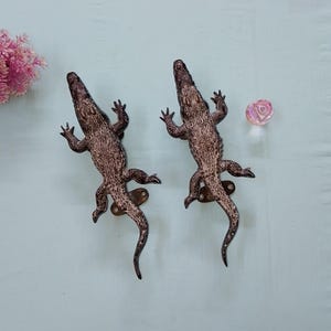 Könnte beinhalten: Zwei identische Türgriffe aus Metall in Krokodilform mit einer texturierten, dunkelbronzenen Oberfläche. Jeder Griff zeigt einen detaillierten Reptilienkörper mit vier Beinen und einem langen Schwanz sowie sichtbare Montageplatten zur Befestigung.