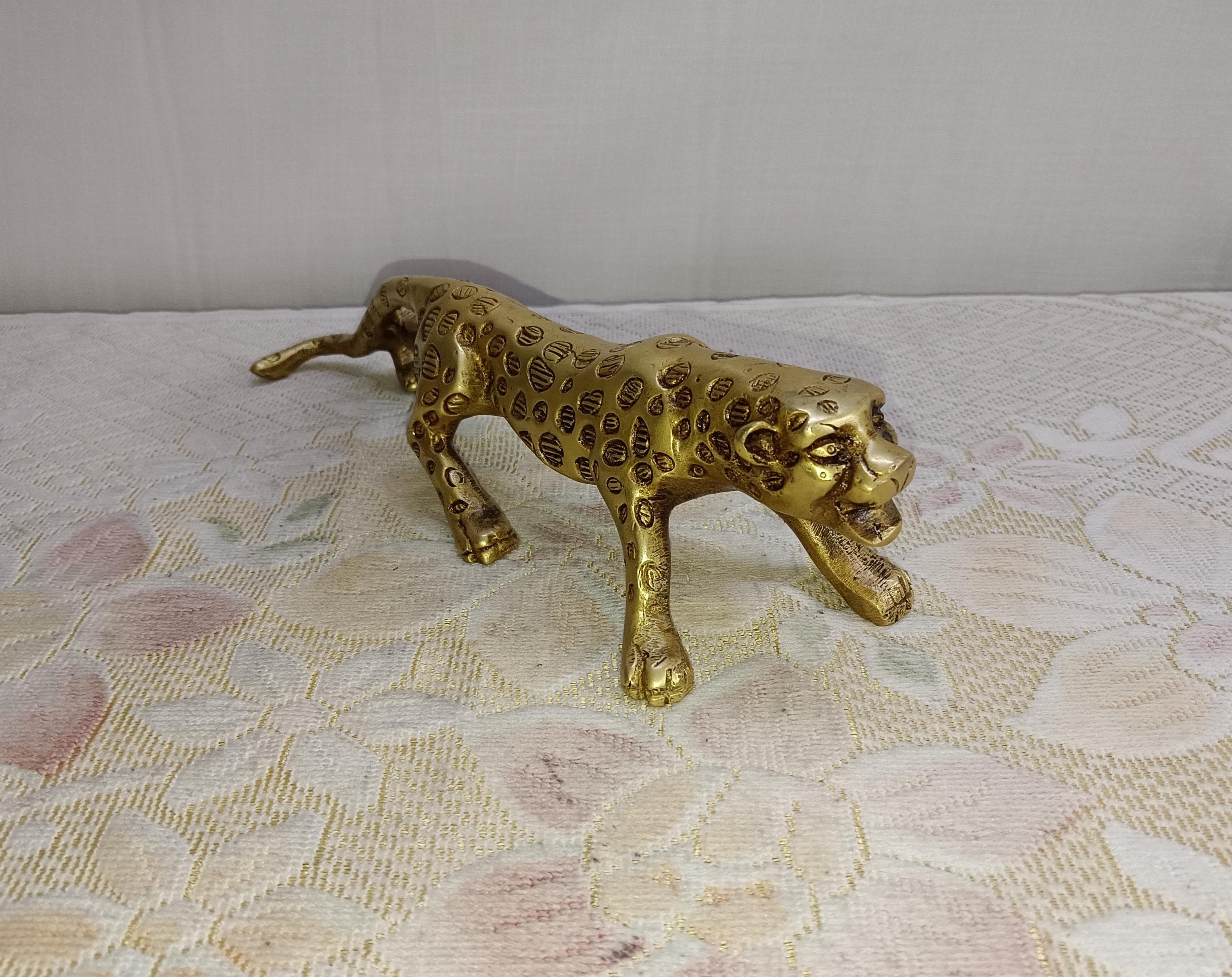Open Mouth Jaguar Statue Table Decor | Brass Leopard Idol