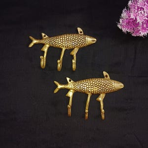 Trout Fish Design Wall Mounting Hook | Brass Marine Theme Cloth Wall Hanging Decor | Set of 02 Pieces