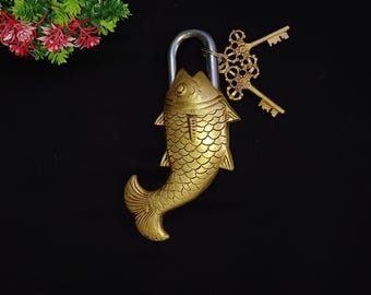 Brass Fish Puzzle Lock with Keys: Nautical Home Decor
