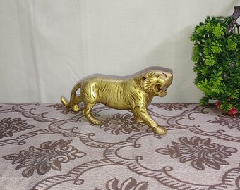Brass Tiger Sculpture Office Desk Decor | Brass Roaring Jaguar Statue Table Showpiece