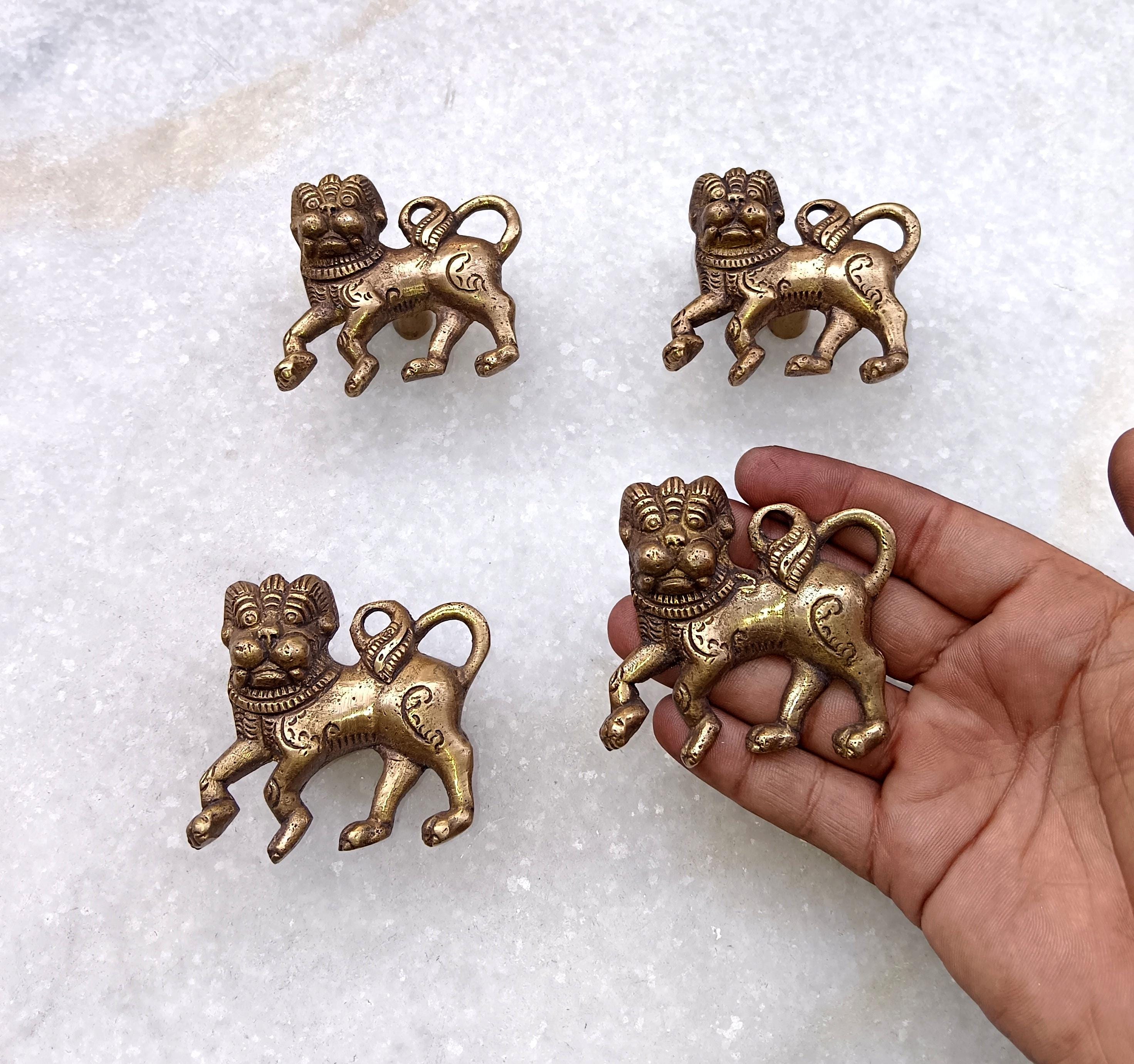 真鍮製ネパールヤリライオン型ドレッサー引き出しノブ | 4個セット