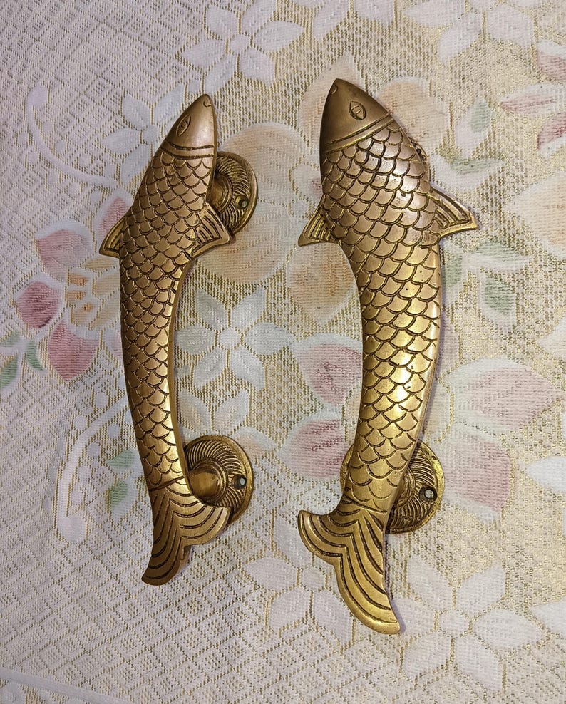Brass Fish Door Handle Set: Cottage Decor, 9.5