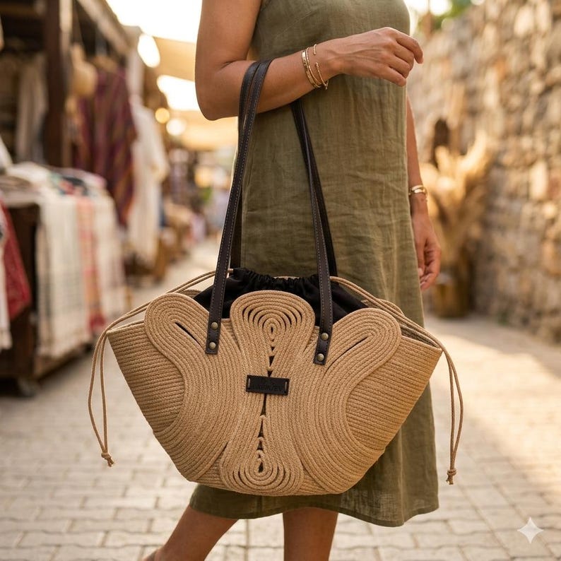 May include: A beige woven tote bag with dark brown leather handles and accents. The bag has a unique, decorative design on the front and a black interior. The bag is being carried in an outdoor setting.