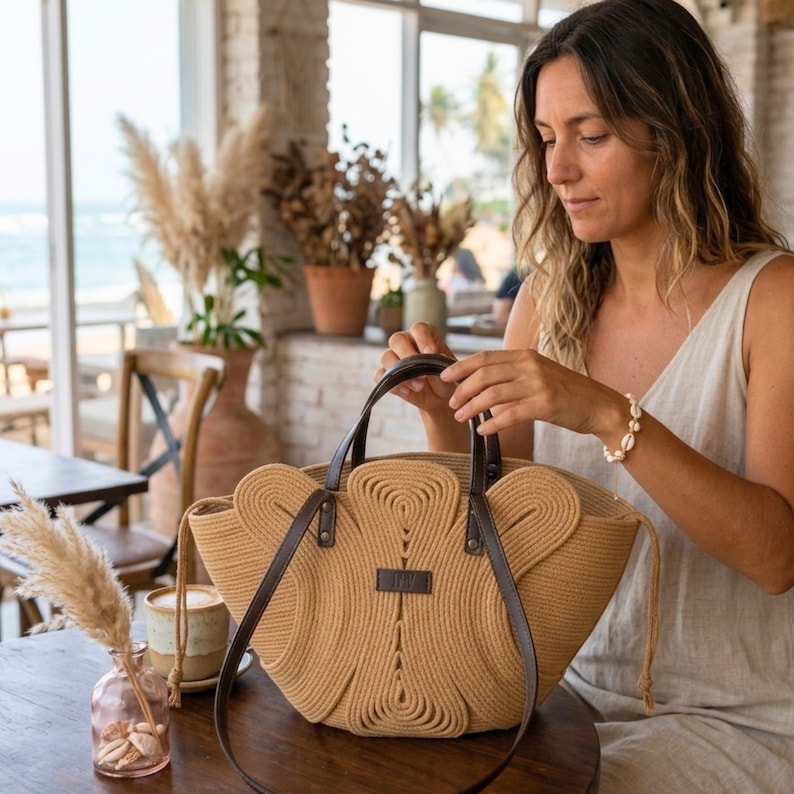 May include: A tan-colored tote bag with a unique design, featuring a woven rope-like texture. The bag has brown leather handles and a matching shoulder strap. The bag is sitting on a wooden table.