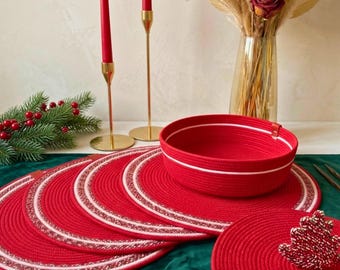 Set of 4 Red Cotton Rope Placemats with Lidded Basket, Round Table Decor