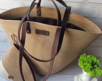 Handmade Burlap Tote Bag with Leather Handles