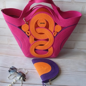 Brightly colored beach, Straw bag, Basket Bag, Shopping Basket, Cotton Rope Bag, Summer Bag, Custom Color Bag, Custom Shoulder Bag