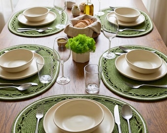 Braided Cotton Rope Placemats, Green Boho Table Decor, Artisan Woven Centerpiece