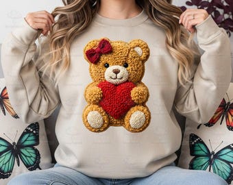 Faux Yarn Teddy Bear PNG Sublimation Valentine's Day Coquette Heart Design Crochet Effect Shirt