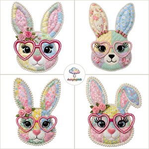 May include: Four colorful bunny faces with heart-shaped glasses, floral accents, and pearl trim. Each bunny has a unique patchwork design in pastel colors. The image includes the text "dreamy drop prints".
